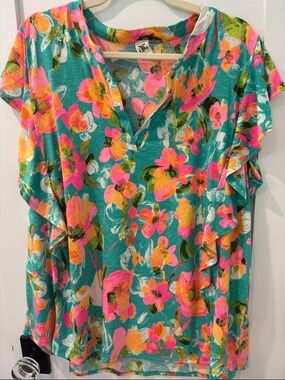 Sew In Love Teal Floral Ruffle Sleeve Blouse
